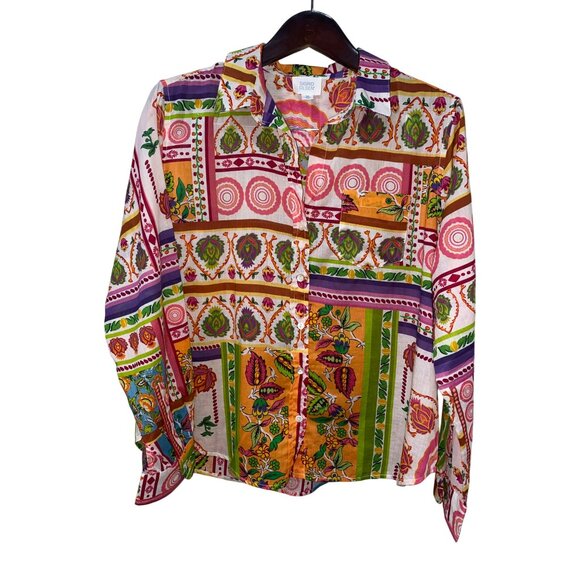 Sigrid Olsen Womens M Multicolor Boho Patchwork Print Button-Up Long-Sleeve Shir - Picture 2 of 8